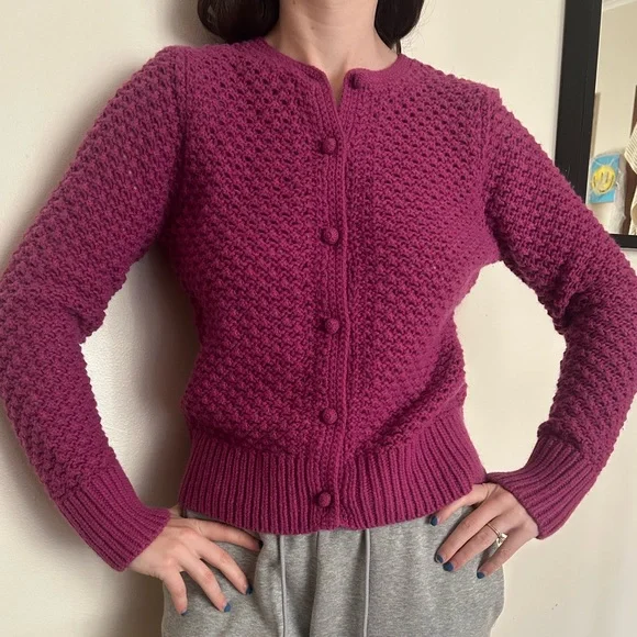 ☀️3/$25 L.L Bean Wool Angora Rabbit Hair Bobble Knit Cardigan Sweater m fuschia - Picture 5 of 5